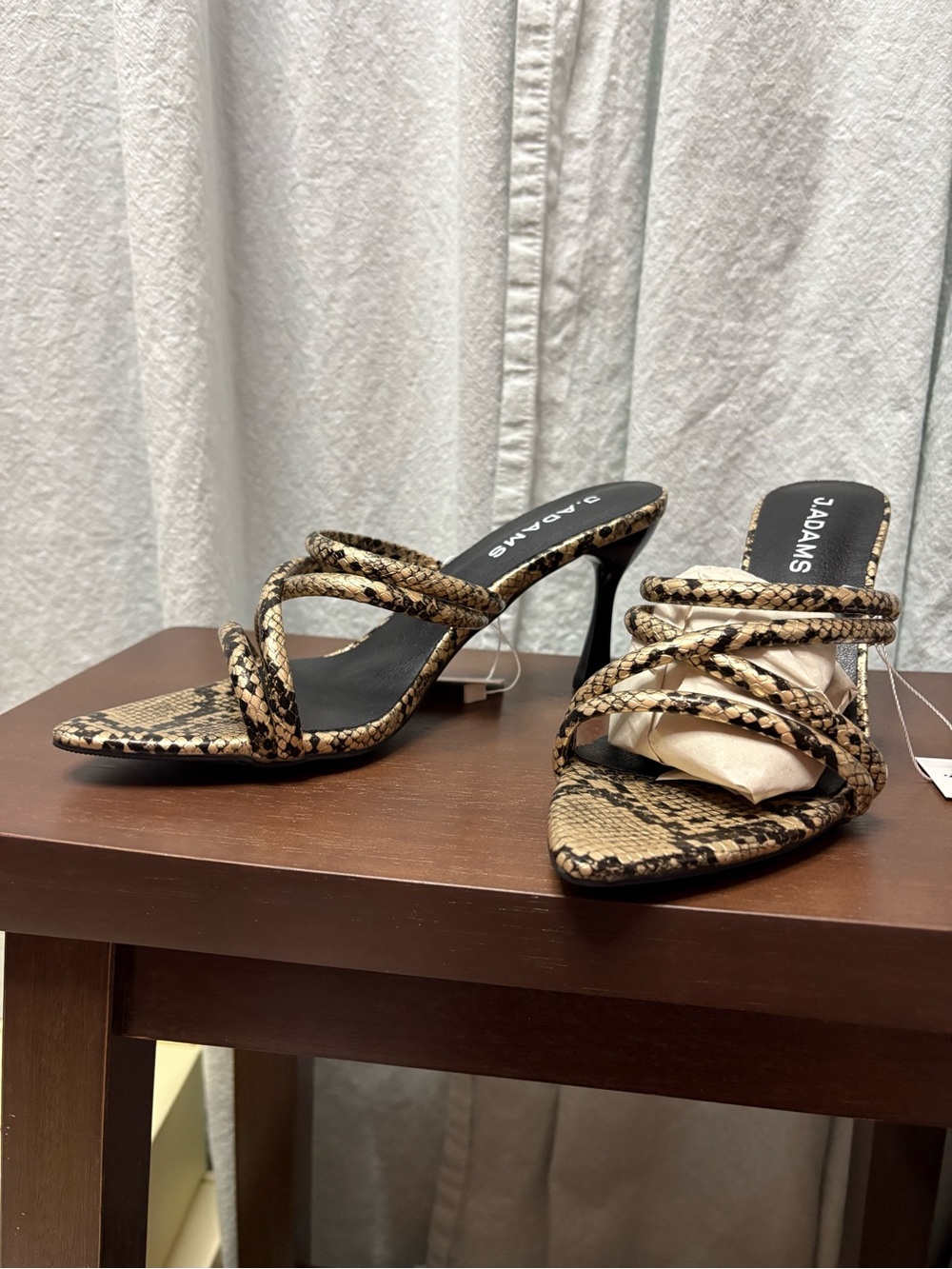 Adams Snake-Print Strappy Mule Heels in Beige and Black